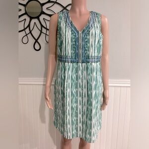 J.Jill Embroidered Dress Sleeveless Ikat Pattern Green Striped size Small Petite